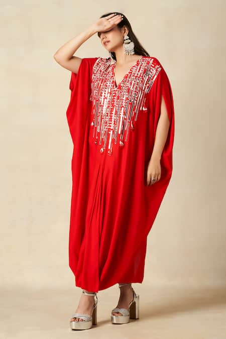 Shop_Gulabo By Abu Sandeep_Red Rayon Embroidery V-neck Geometric Yoke Kaftan _Online_at_Aza_Fashions