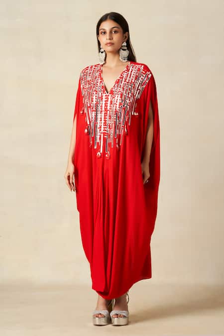 Gulabo By Abu Sandeep_Red Rayon Embroidery V-neck Geometric Yoke Kaftan _at_Aza_Fashions