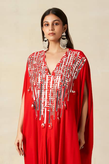 Buy_Gulabo By Abu Sandeep_Red Rayon Embroidery V-neck Geometric Yoke Kaftan 