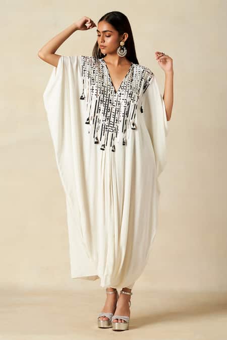 Gulabo By Abu Sandeep Off White Rayon Embroidered Metallic Applique V-neck Geometric Work Kaftan 