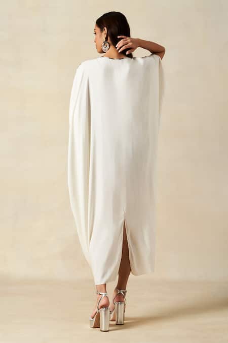 Shop Gulabo By Abu Sandeep Off White Rayon Embroidered Metallic Applique V-neck Geometric Work Kaftan at Aza Fashions Shop_Gulabo By Abu Sandeep_Off White Rayon Embroidered Metallic Applique V-neck Geometric Work Kaftan _at_Aza_Fashions