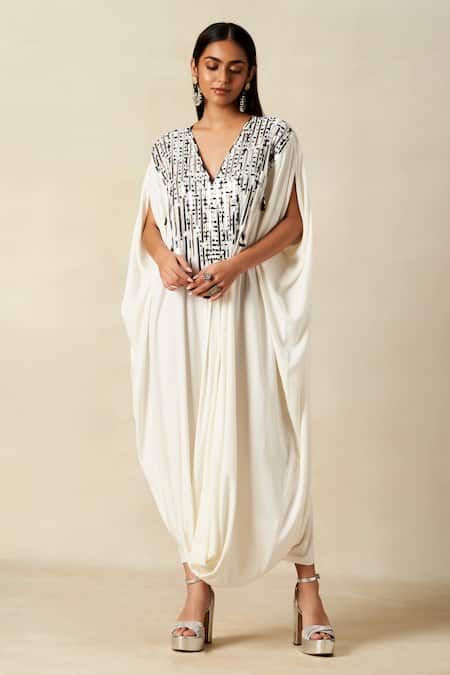 Gulabo By Abu Sandeep Off White Rayon Embroidered Metallic Applique V-neck Geometric Work Kaftan Online at Aza Fashions Gulabo By Abu Sandeep_Off White Rayon Embroidered Metallic Applique V-neck Geometric Work Kaftan _Online_at_Aza_Fashions