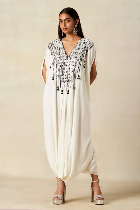 Buy Gulabo By Abu Sandeep Off White Rayon Embroidered Metallic Applique V-neck Geometric Work Kaftan Online at Aza Fashions Buy_Gulabo By Abu Sandeep_Off White Rayon Embroidered Metallic Applique V-neck Geometric Work Kaftan _Online_at_Aza_Fashions