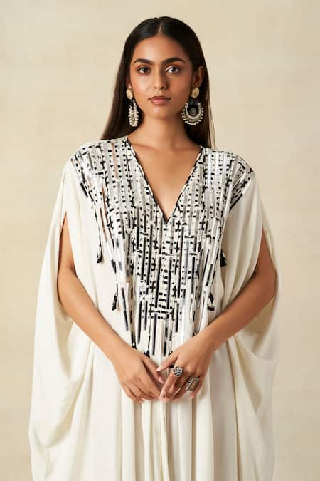 Gulabo By Abu Sandeep Off White Rayon Embroidered Metallic Applique V-neck Geometric Work Kaftan at Aza Fashions Gulabo By Abu Sandeep_Off White Rayon Embroidered Metallic Applique V-neck Geometric Work Kaftan _at_Aza_Fashions