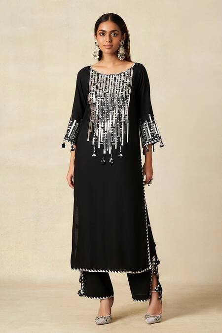 Buy_Gulabo By Abu Sandeep_Black Rayon Embroidery Round Neck Geometric Applique Work Kurta _Online_at_Aza_Fashions