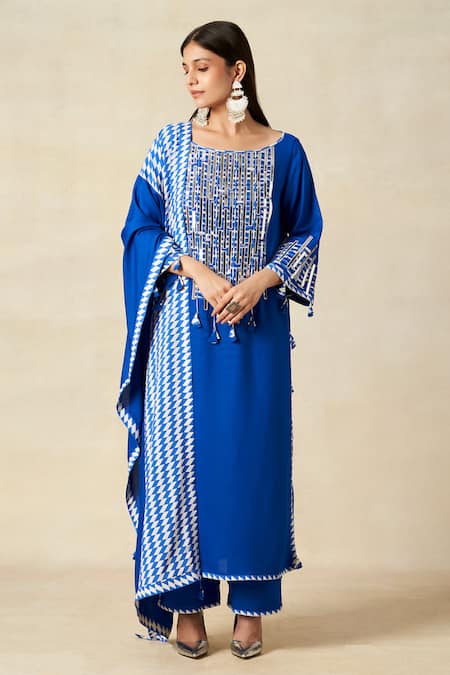 Gulabo By Abu Sandeep_Blue Rayon Tassels, Metallic Thread Round Geometric Pattern Embroidered Kurta _Online_at_Aza_Fashions