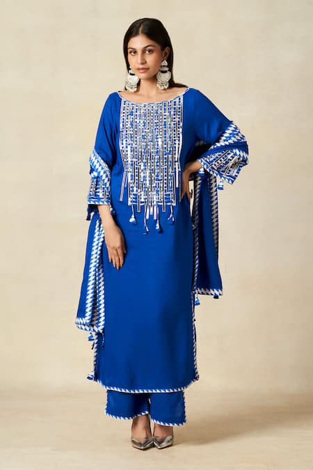 Buy_Gulabo By Abu Sandeep_Blue Rayon Tassels, Metallic Thread Round Geometric Pattern Embroidered Kurta _Online_at_Aza_Fashions
