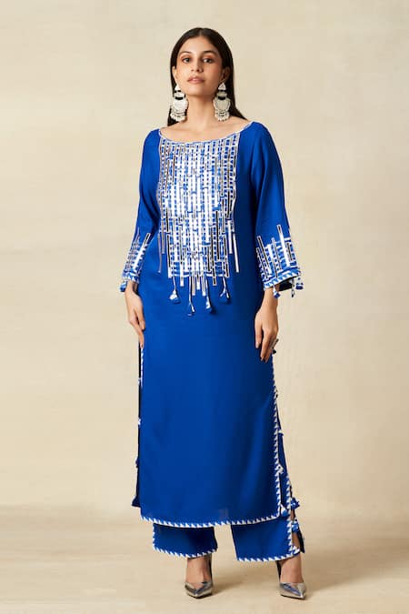 Shop_Gulabo By Abu Sandeep_Blue Rayon Tassels, Metallic Thread Round Geometric Pattern Embroidered Kurta _Online_at_Aza_Fashions