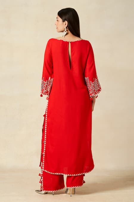 Shop Gulabo By Abu Sandeep Red Rayon Embroidered Metallic Applique Round Geometric Yoke Kurta at Aza Fashions Shop_Gulabo By Abu Sandeep_Red Rayon Embroidered Metallic Applique Round Geometric Yoke Kurta _at_Aza_Fashions