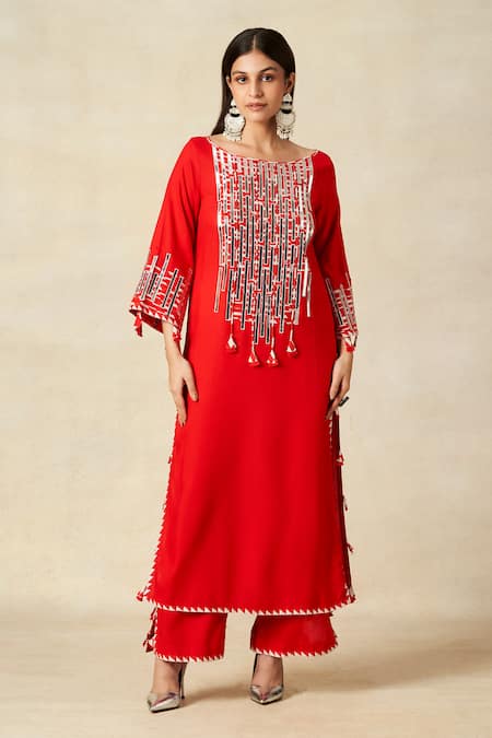 Buy Gulabo By Abu Sandeep Red Rayon Embroidered Metallic Applique Round Geometric Yoke Kurta Online at Aza Fashions Buy_Gulabo By Abu Sandeep_Red Rayon Embroidered Metallic Applique Round Geometric Yoke Kurta _Online_at_Aza_Fashions