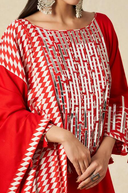 Shop Gulabo By Abu Sandeep Red Rayon Embroidered Metallic Applique Round Geometric Yoke Kurta Online at Aza Fashions Shop_Gulabo By Abu Sandeep_Red Rayon Embroidered Metallic Applique Round Geometric Yoke Kurta _Online_at_Aza_Fashions