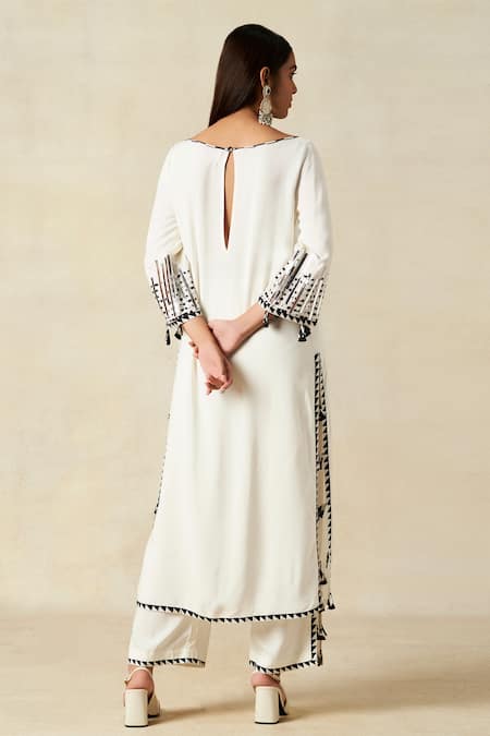 Shop_Gulabo By Abu Sandeep_Off White Rayon Embroidered Metallic Applique Geometric Pattern Yoke Kurta _at_Aza_Fashions