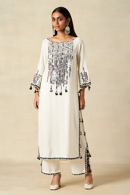 Buy_Gulabo By Abu Sandeep_Off White Rayon Embroidered Metallic Applique Geometric Pattern Yoke Kurta _Online_at_Aza_Fashions