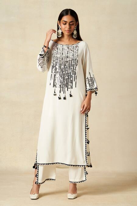 Shop_Gulabo By Abu Sandeep_Off White Rayon Embroidered Metallic Applique Geometric Pattern Yoke Kurta _Online_at_Aza_Fashions