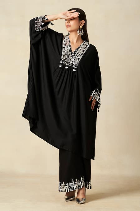 Buy_Gulabo By Abu Sandeep_Black Rayon Embroidered Metallic Applique V-neck Geometric Pattern Short Kaftan _Online_at_Aza_Fashions