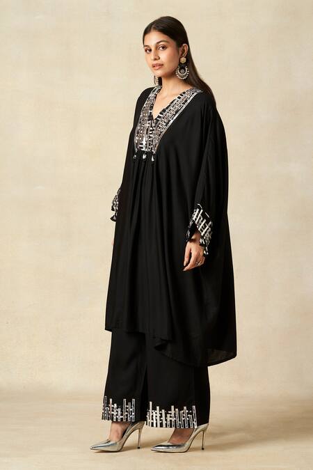 Shop_Gulabo By Abu Sandeep_Black Rayon Embroidered Metallic Applique V-neck Geometric Pattern Short Kaftan _Online_at_Aza_Fashions