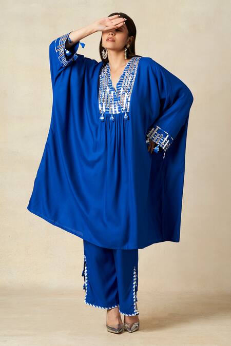 Gulabo By Abu Sandeep_Blue Rayon Embroidered Metallic Applique Geometric Pattern Pleated Kaftan _Online_at_Aza_Fashions