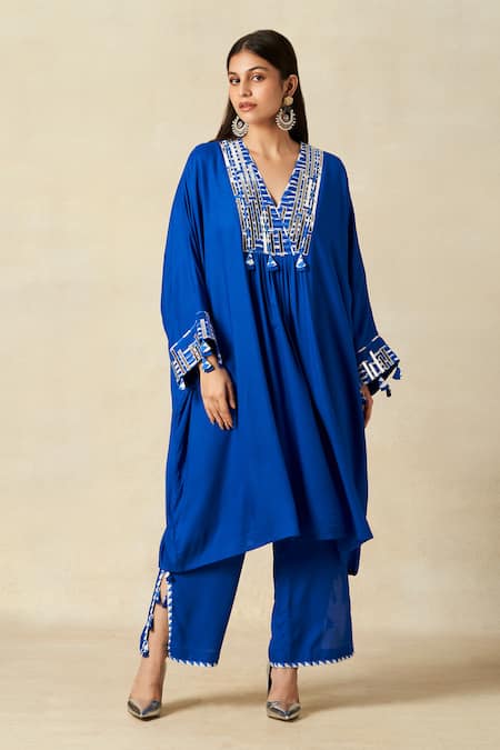 Buy_Gulabo By Abu Sandeep_Blue Rayon Embroidered Metallic Applique Geometric Pattern Pleated Kaftan _Online_at_Aza_Fashions