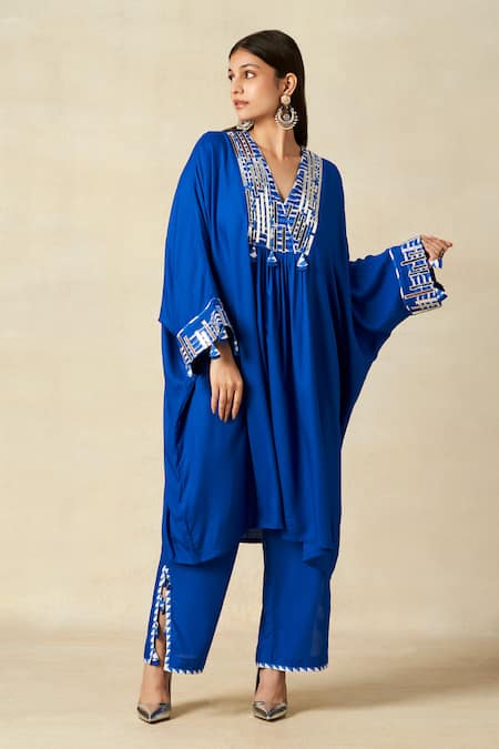 Shop_Gulabo By Abu Sandeep_Blue Rayon Embroidered Metallic Applique Geometric Pattern Pleated Kaftan _Online_at_Aza_Fashions