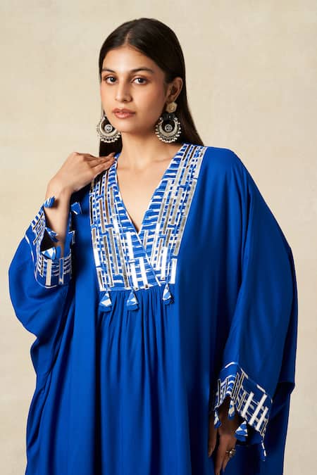 Gulabo By Abu Sandeep_Blue Rayon Embroidered Metallic Applique Geometric Pattern Pleated Kaftan _at_Aza_Fashions