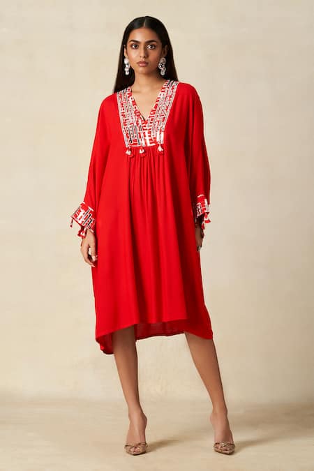 Buy_Gulabo By Abu Sandeep_Red Rayon Embroidered Metallic Applique V-neck Geometric Pleated Kaftan _Online_at_Aza_Fashions