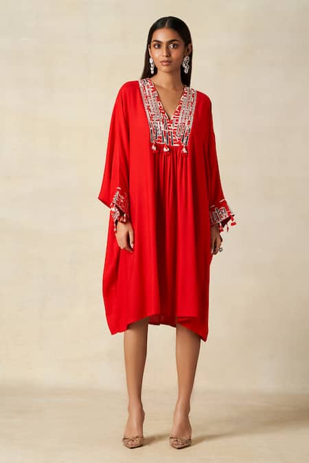 Shop_Gulabo By Abu Sandeep_Red Rayon Embroidered Metallic Applique V-neck Geometric Pleated Kaftan _Online_at_Aza_Fashions