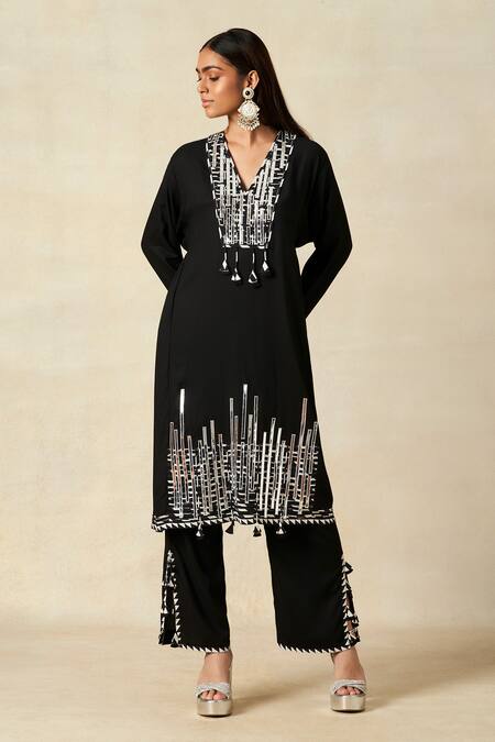 Gulabo By Abu Sandeep Black Rayon Embroidery, Piping V-neck Geometric Pattern Kali Kurta With Pant Online at Aza Fashions Gulabo By Abu Sandeep_Black Rayon Embroidery, Piping V-neck Geometric Pattern Kali Kurta With Pant _Online_at_Aza_Fashions