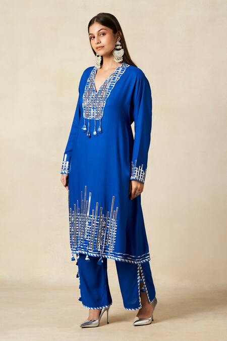 Buy_Gulabo By Abu Sandeep_Blue Rayon Metallic Thread Geometric Embroidered Yoke Kali Kurta With Pant _Online_at_Aza_Fashions