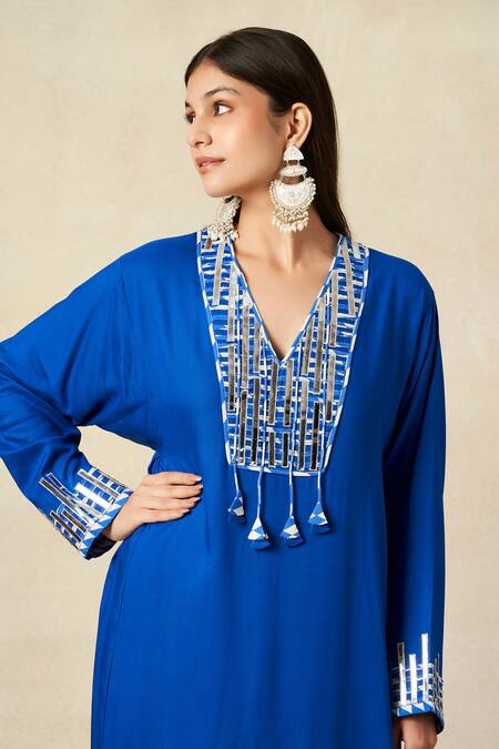 Shop_Gulabo By Abu Sandeep_Blue Rayon Metallic Thread Geometric Embroidered Yoke Kali Kurta With Pant _Online_at_Aza_Fashions