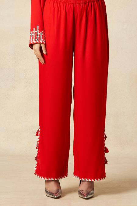 Shop_Gulabo By Abu Sandeep_Red Rayon Metallic Thread V-neck Applique Work Kali Kurta With Pant _Online_at_Aza_Fashions