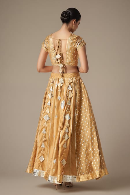 Shop Gulabo By Abu Sandeep Beige Modal Chanderi Embroidered Gota Lace Round Geometric Pattern Work Blouse at Aza Fashions Shop_Gulabo By Abu Sandeep_Beige Modal Chanderi Embroidered Gota Lace Round Geometric Pattern Work Blouse _at_Aza_Fashions