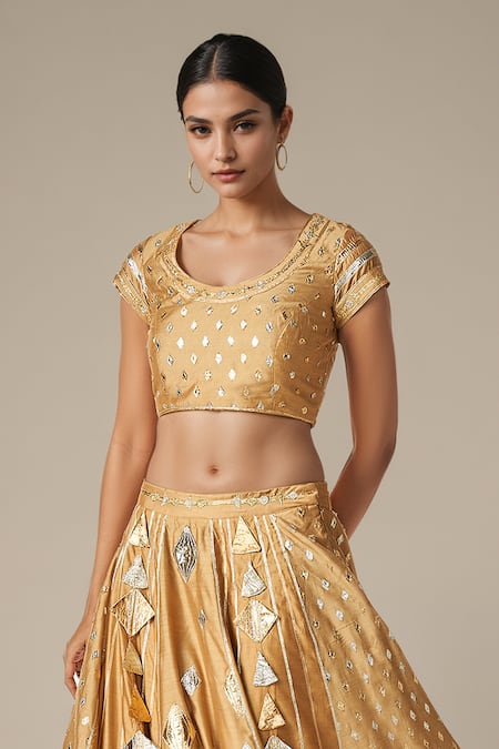 Gulabo By Abu Sandeep Beige Modal Chanderi Embroidered Gota Lace Round Geometric Pattern Work Blouse Online at Aza Fashions Gulabo By Abu Sandeep_Beige Modal Chanderi Embroidered Gota Lace Round Geometric Pattern Work Blouse _Online_at_Aza_Fashions