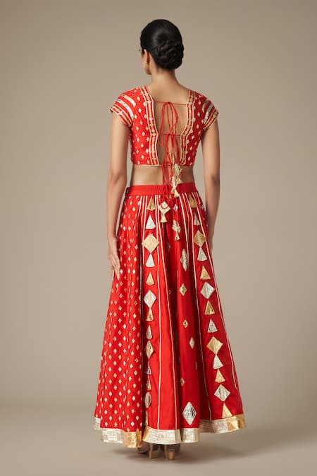 Shop Gulabo By Abu Sandeep Red Modal Chanderi Embroidered Gota Lace Round Geometric Work Blouse at Aza Fashions Shop_Gulabo By Abu Sandeep_Red Modal Chanderi Embroidered Gota Lace Round Geometric Work Blouse _at_Aza_Fashions