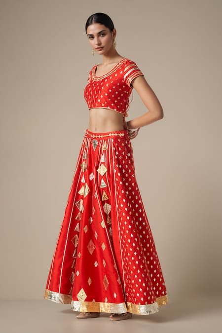 Gulabo By Abu Sandeep Red Modal Chanderi Embroidered Gota Lace Round Geometric Work Blouse Online at Aza Fashions Gulabo By Abu Sandeep_Red Modal Chanderi Embroidered Gota Lace Round Geometric Work Blouse _Online_at_Aza_Fashions