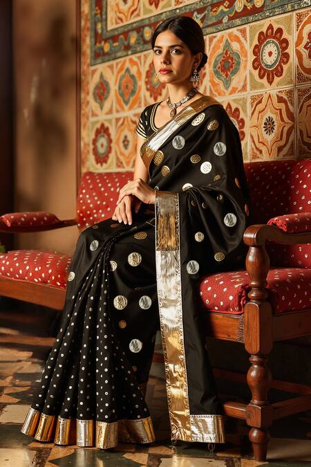 Gulabo By Abu Sandeep Black Modal, Chanderi Gota Patti Circle Work Saree Online at Aza Fashions Gulabo By Abu Sandeep_Black Modal, Chanderi Gota Patti Circle Work Saree _Online_at_Aza_Fashions