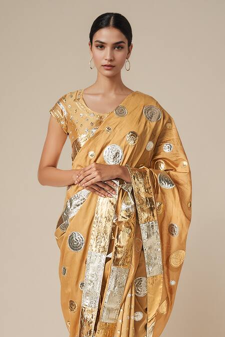 Buy Gulabo By Abu Sandeep Beige Modal, Chanderi Gota Patti Circle Lace Work Saree Online at Aza Fashions Buy_Gulabo By Abu Sandeep_Beige Modal, Chanderi Gota Patti Circle Lace Work Saree _Online_at_Aza_Fashions