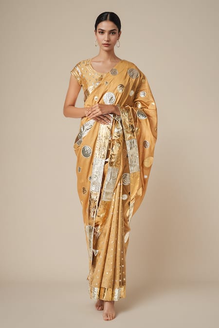 Shop Gulabo By Abu Sandeep Beige Modal, Chanderi Gota Patti Circle Lace Work Saree Online at Aza Fashions Shop_Gulabo By Abu Sandeep_Beige Modal, Chanderi Gota Patti Circle Lace Work Saree _Online_at_Aza_Fashions