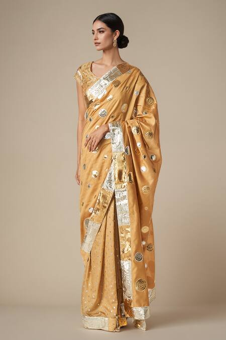 Gulabo By Abu Sandeep Beige Modal, Chanderi Gota Patti Circle Lace Work Saree at Aza Fashions Gulabo By Abu Sandeep_Beige Modal, Chanderi Gota Patti Circle Lace Work Saree _at_Aza_Fashions