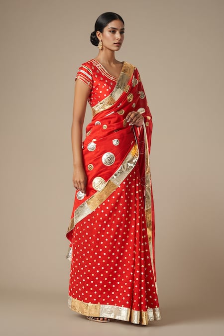 Gulabo By Abu Sandeep Red Modal, Chanderi Gota Patti Circular Lace Work Saree Online at Aza Fashions Gulabo By Abu Sandeep_Red Modal, Chanderi Gota Patti Circular Lace Work Saree _Online_at_Aza_Fashions