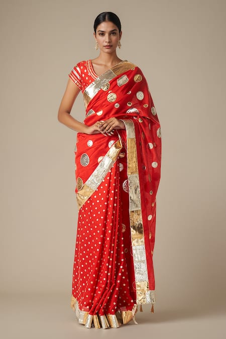 Shop Gulabo By Abu Sandeep Red Modal, Chanderi Gota Patti Circular Lace Work Saree Online at Aza Fashions Shop_Gulabo By Abu Sandeep_Red Modal, Chanderi Gota Patti Circular Lace Work Saree _Online_at_Aza_Fashions