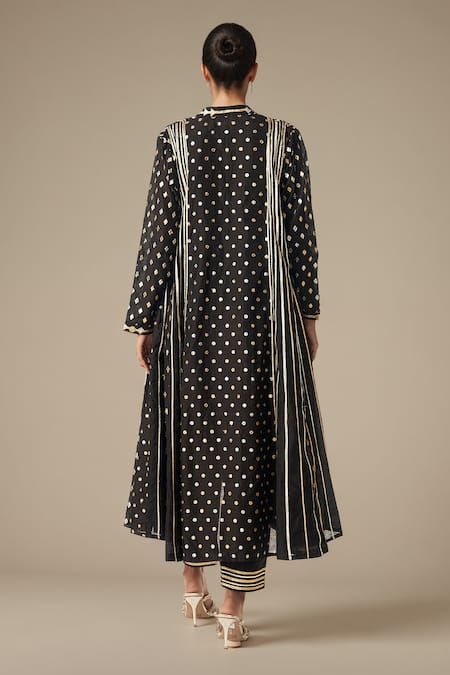 Shop Gulabo By Abu Sandeep Black Modal, Chanderi Gota Patti, Geometric Lace Work Coat And Tunic Set at Aza Fashions Shop_Gulabo By Abu Sandeep_Black Modal, Chanderi Gota Patti, Geometric Lace Work Coat And Tunic Set _at_Aza_Fashions
