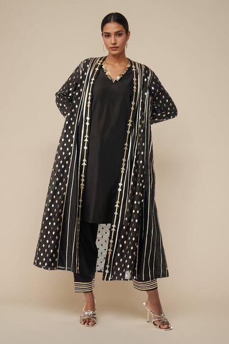 Buy Gulabo By Abu Sandeep Black Modal, Chanderi Gota Patti, Geometric Lace Work Coat And Tunic Set Online at Aza Fashions Buy_Gulabo By Abu Sandeep_Black Modal, Chanderi Gota Patti, Geometric Lace Work Coat And Tunic Set _Online_at_Aza_Fashions