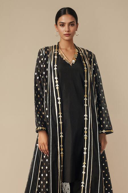 Shop Gulabo By Abu Sandeep Black Modal, Chanderi Gota Patti, Geometric Lace Work Coat And Tunic Set Online at Aza Fashions Shop_Gulabo By Abu Sandeep_Black Modal, Chanderi Gota Patti, Geometric Lace Work Coat And Tunic Set _Online_at_Aza_Fashions