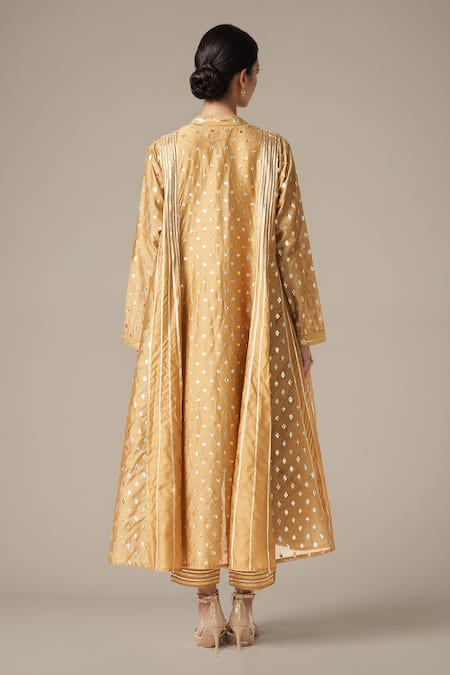 Shop_Gulabo By Abu Sandeep_Beige Modal, Chanderi Gota Patti Geometric Pattern Lace Work Coat And Tunic Set _at_Aza_Fashions