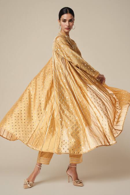 Buy_Gulabo By Abu Sandeep_Beige Modal, Chanderi Gota Patti Geometric Pattern Lace Work Coat And Tunic Set _Online_at_Aza_Fashions