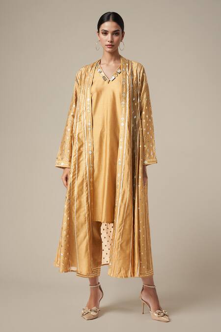 Shop_Gulabo By Abu Sandeep_Beige Modal, Chanderi Gota Patti Geometric Pattern Lace Work Coat And Tunic Set _Online_at_Aza_Fashions