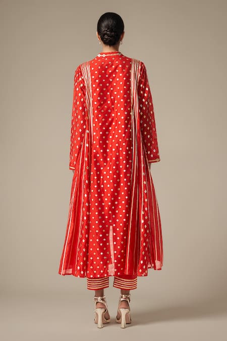 Shop Gulabo By Abu Sandeep Red Modal, Chanderi Gota Patti, Embroidery Geometric Lace Coat And Tunic Set at Aza Fashions Shop_Gulabo By Abu Sandeep_Red Modal, Chanderi Gota Patti, Embroidery Geometric Lace Coat And Tunic Set _at_Aza_Fashions