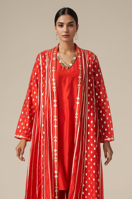 Gulabo By Abu Sandeep Red Modal, Chanderi Gota Patti, Embroidery Geometric Lace Coat And Tunic Set Online at Aza Fashions Gulabo By Abu Sandeep_Red Modal, Chanderi Gota Patti, Embroidery Geometric Lace Coat And Tunic Set _Online_at_Aza_Fashions
