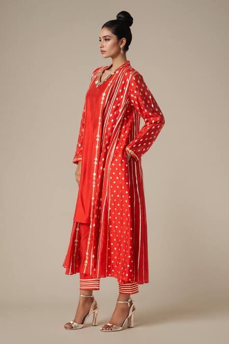 Buy Gulabo By Abu Sandeep Red Modal, Chanderi Gota Patti, Embroidery Geometric Lace Coat And Tunic Set Online at Aza Fashions Buy_Gulabo By Abu Sandeep_Red Modal, Chanderi Gota Patti, Embroidery Geometric Lace Coat And Tunic Set _Online_at_Aza_Fashions