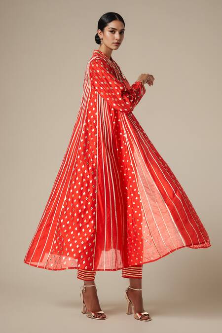 Gulabo By Abu Sandeep Red Modal, Chanderi Gota Patti, Embroidery Geometric Lace Coat And Tunic Set at Aza Fashions Gulabo By Abu Sandeep_Red Modal, Chanderi Gota Patti, Embroidery Geometric Lace Coat And Tunic Set _at_Aza_Fashions